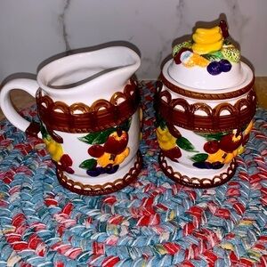 4 pc Set Ceramic Fruit Basket Motif 2 Mugs-Creamer/Pitcher & Covered Sugar Dish